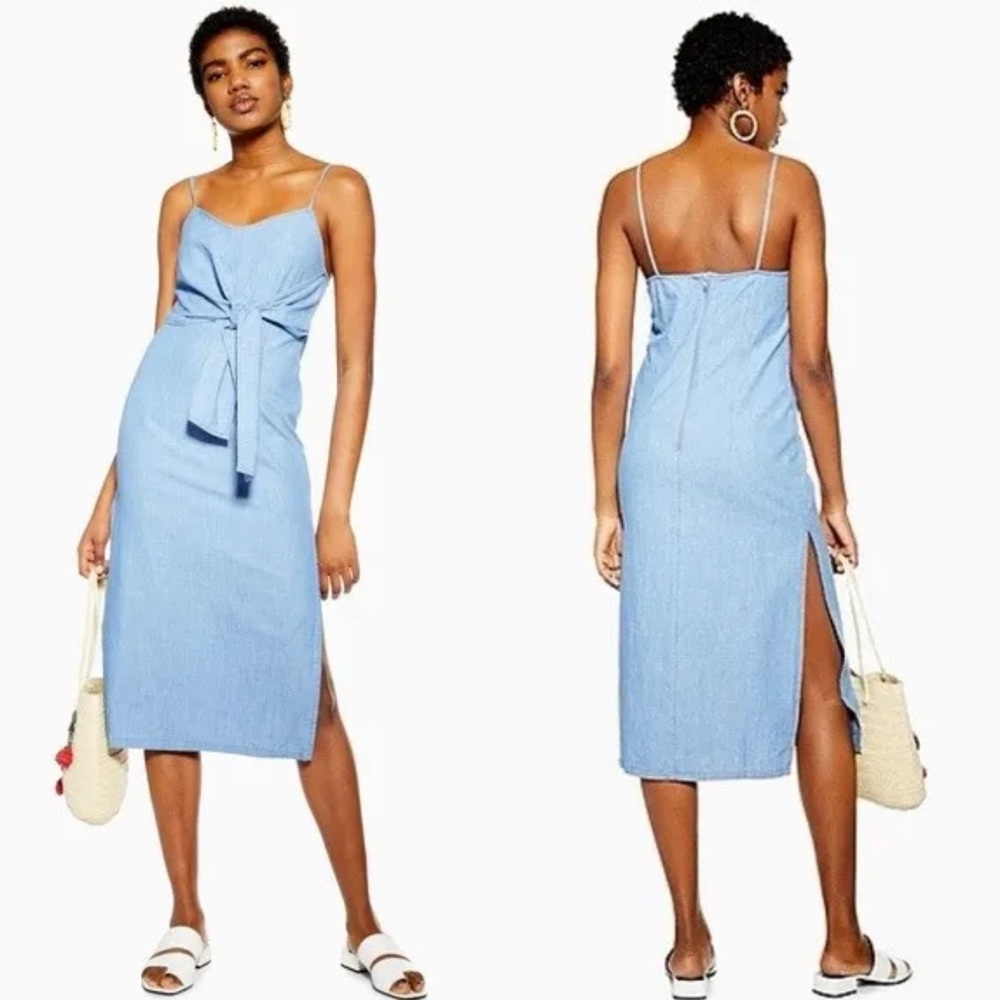 Topshop Chambray Midi Spaghetti Strap High Leg Slit Dress Front Knot Size 2 - Picture 9 of 9